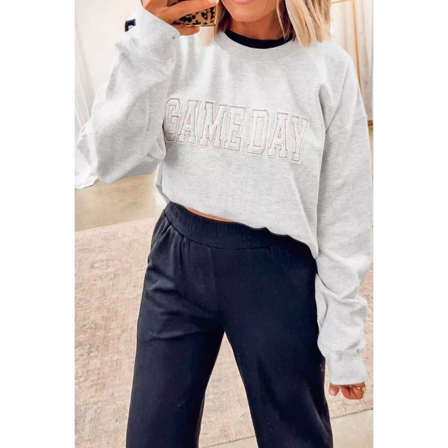 Game Day Letter Embroidery Long Sleeve Round Neck Sweatshirt Apparel and Accessories