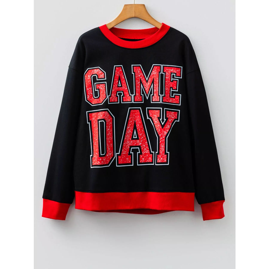 GAME DAY Letter Graphic Varsity Striped Detail Baggy Sweatshirt Apparel and Accessories