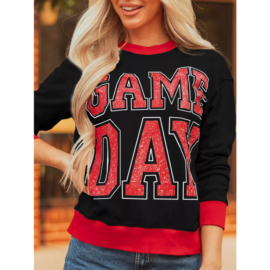 GAME DAY Letter Graphic Varsity Striped Detail Baggy Sweatshirt Apparel and Accessories