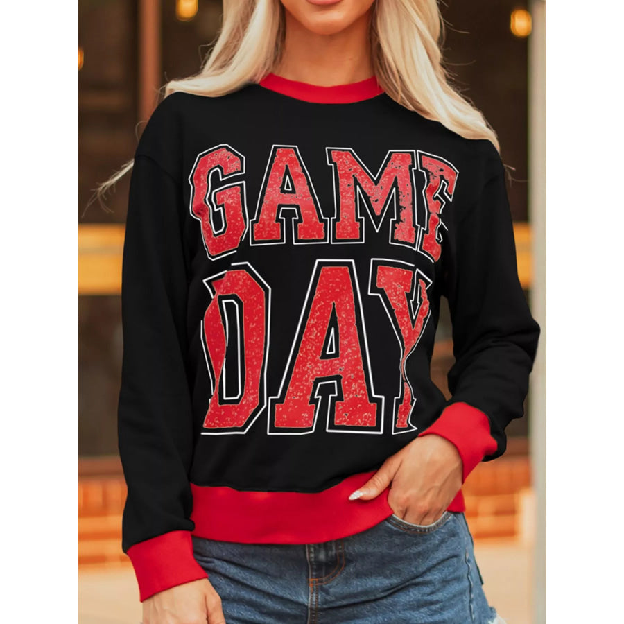 GAME DAY Letter Graphic Varsity Striped Detail Baggy Sweatshirt Black / S Apparel and Accessories
