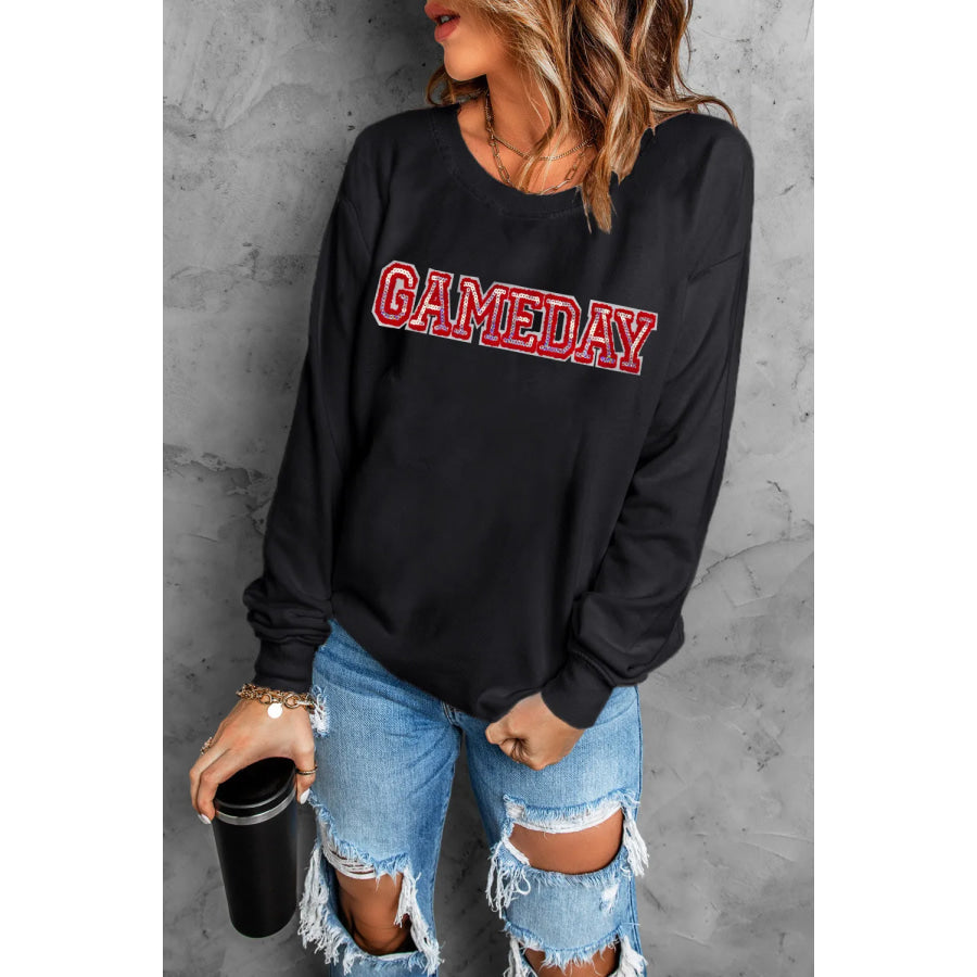 GAME DAY Round Neck Long Sleeve Sweatshirt Black / S Apparel and Accessories