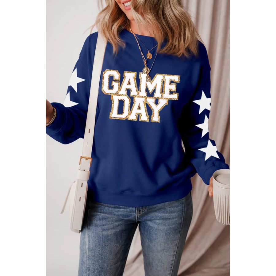 GAME DAY Star Round Neck Long Sleeve Sweatshirt Navy / S Apparel and Accessories