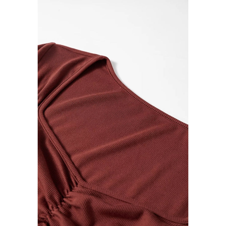 Gathered Bust Square Neck Ribbed Fit Long Sleeve Top Apparel and Accessories