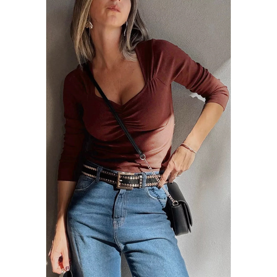 Gathered Bust Square Neck Ribbed Fit Long Sleeve Top Apparel and Accessories