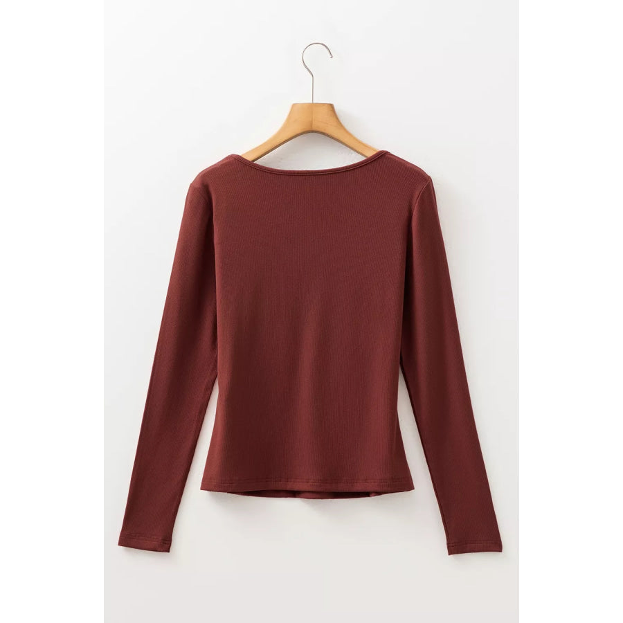 Gathered Bust Square Neck Ribbed Fit Long Sleeve Top Apparel and Accessories