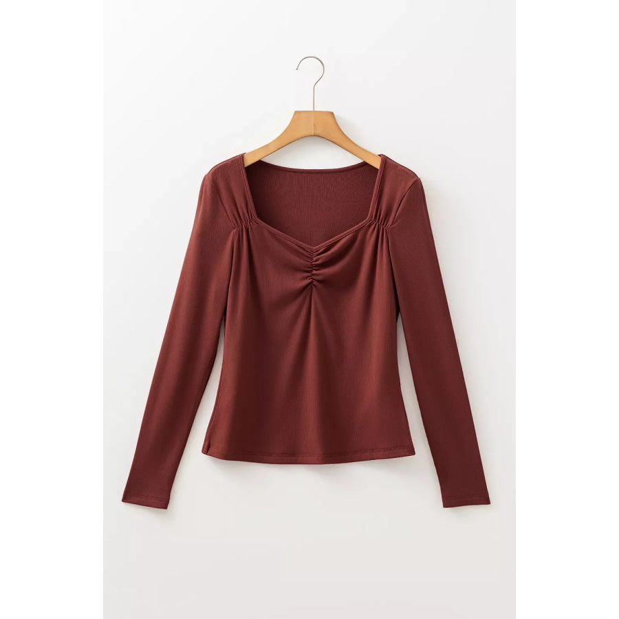 Gathered Bust Square Neck Ribbed Fit Long Sleeve Top Apparel and Accessories