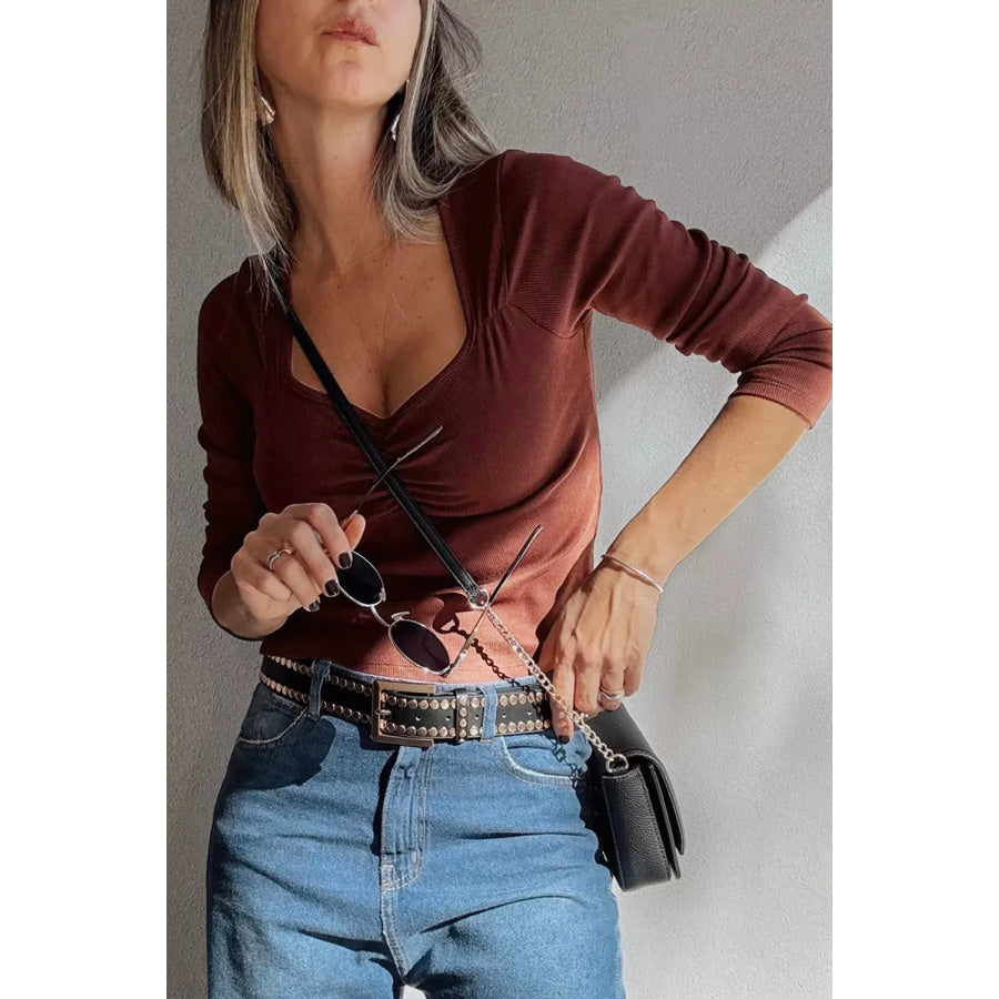 Gathered Bust Square Neck Ribbed Fit Long Sleeve Top Burgundy / S Apparel and Accessories
