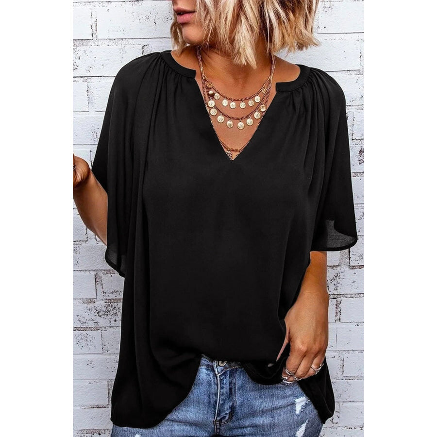 Gathered Detail Notched Neck Flutter Sleeve Top Black / S