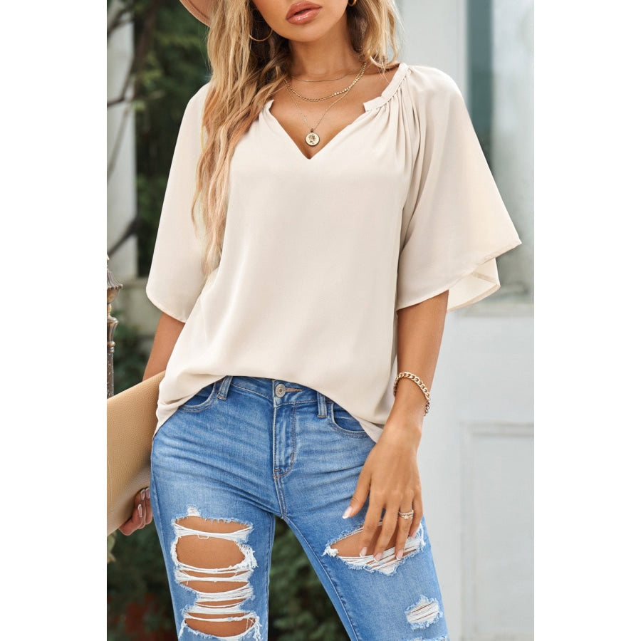 Gathered Detail Notched Neck Flutter Sleeve Top Cream / S