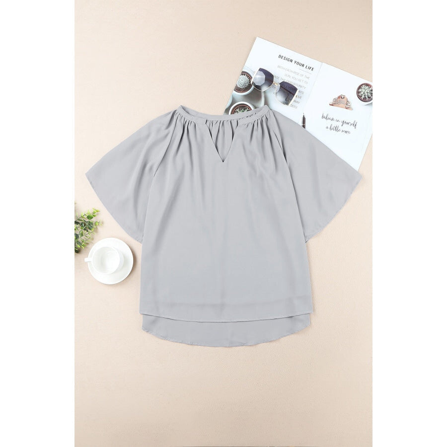 Gathered Detail Notched Neck Flutter Sleeve Top Gray / S