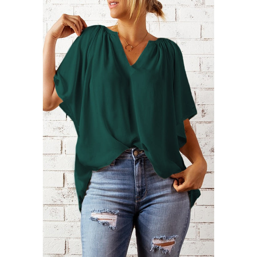 Gathered Detail Notched Neck Flutter Sleeve Top Green / S