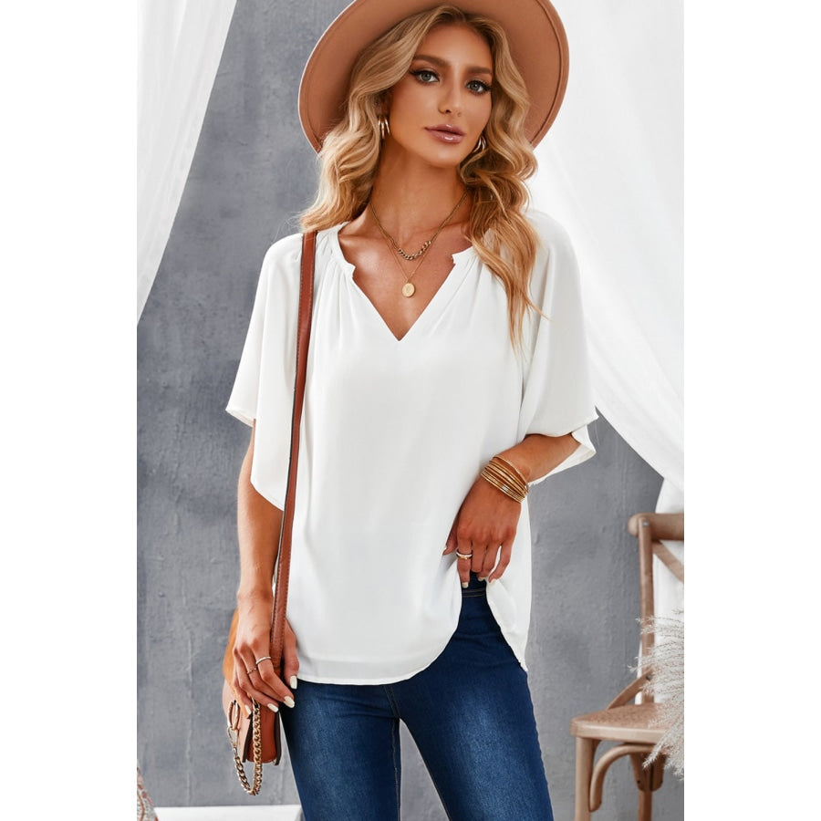 Gathered Detail Notched Neck Flutter Sleeve Top