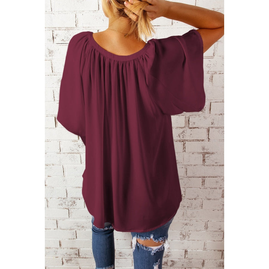 Gathered Detail Notched Neck Flutter Sleeve Top