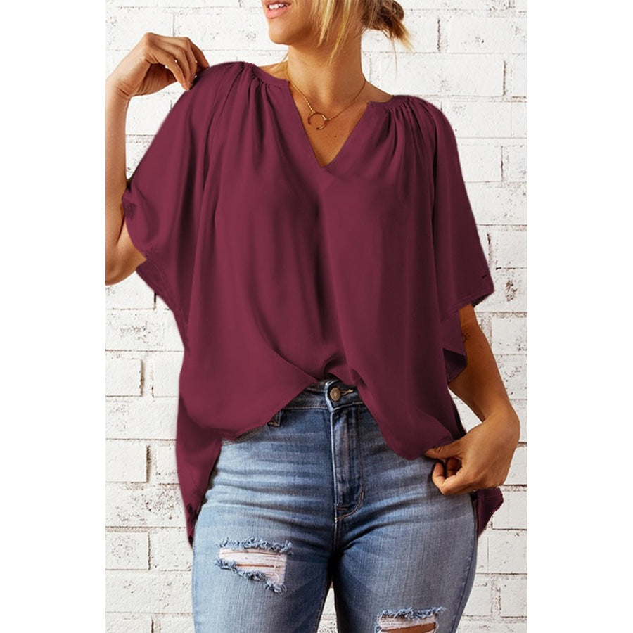 Gathered Detail Notched Neck Flutter Sleeve Top