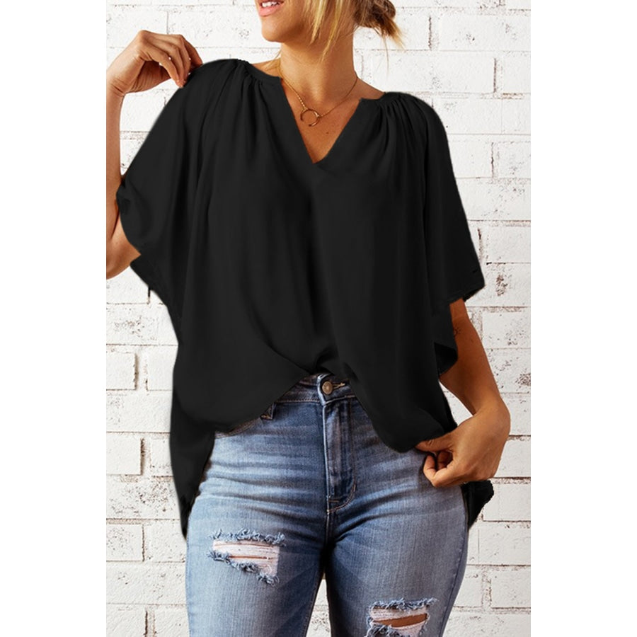 Gathered Detail Notched Neck Flutter Sleeve Top