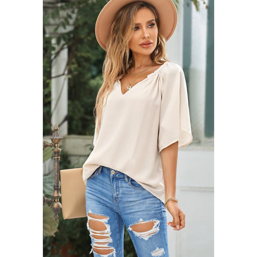 Gathered Detail Notched Neck Flutter Sleeve Top