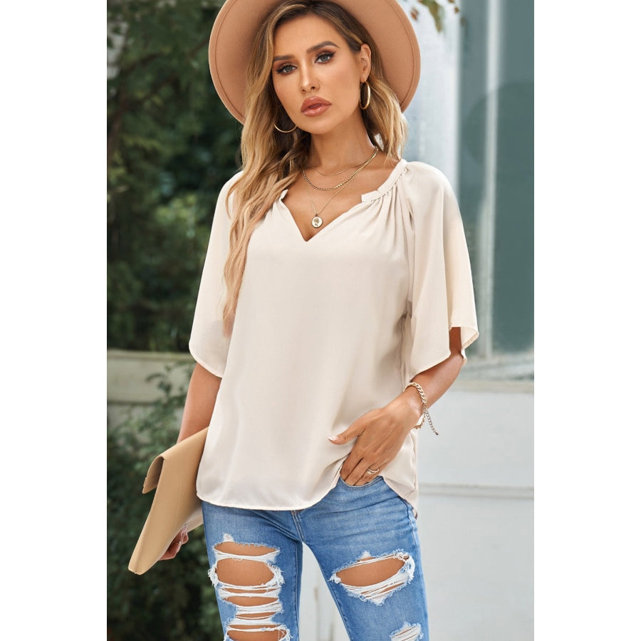 Gathered Detail Notched Neck Flutter Sleeve Top