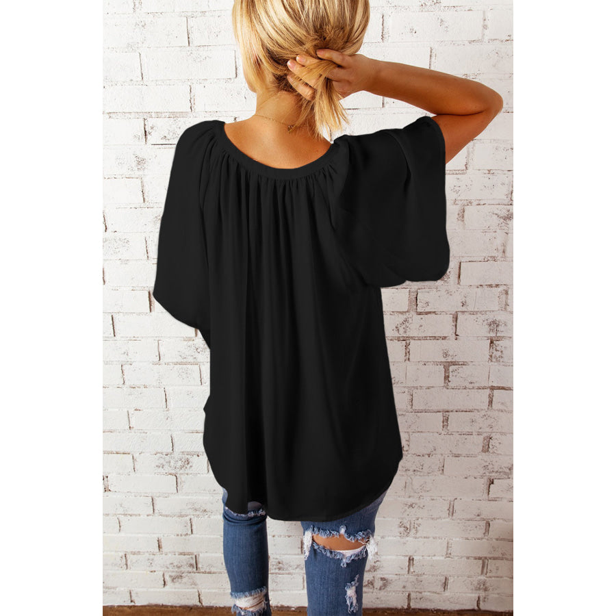 Gathered Detail Notched Neck Flutter Sleeve Top Black / S