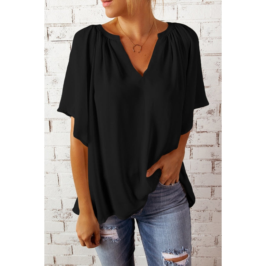 Gathered Detail Notched Neck Flutter Sleeve Top