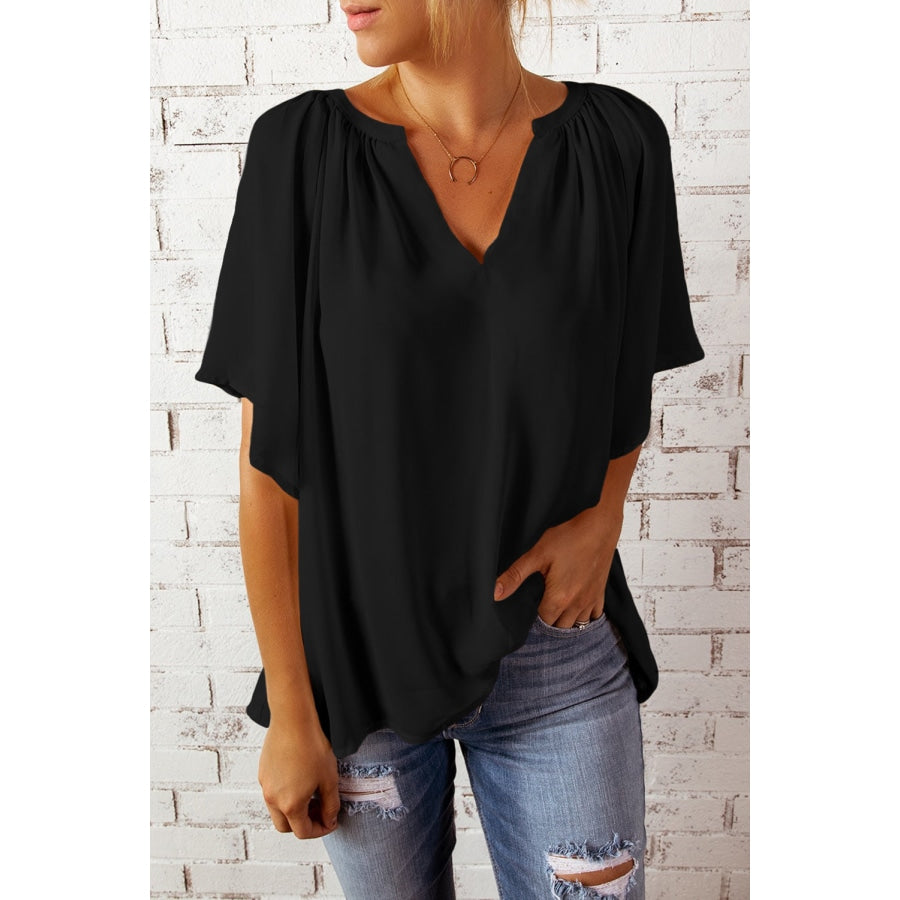 Gathered Detail Notched Neck Flutter Sleeve Top