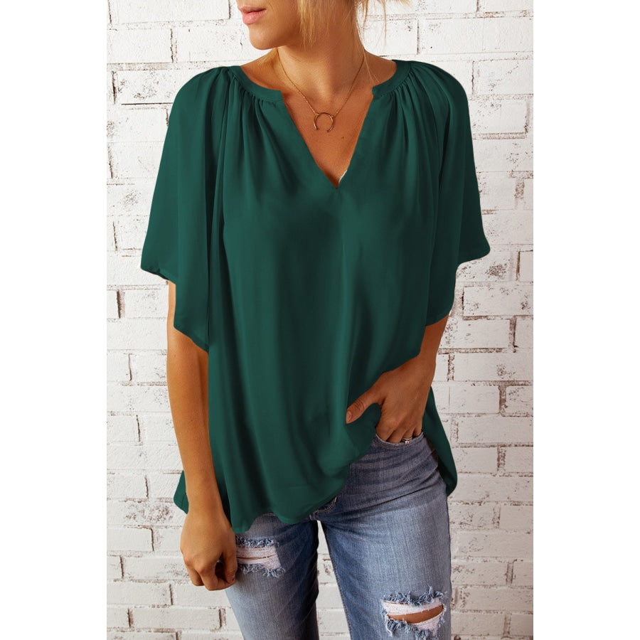 Gathered Detail Notched Neck Flutter Sleeve Top