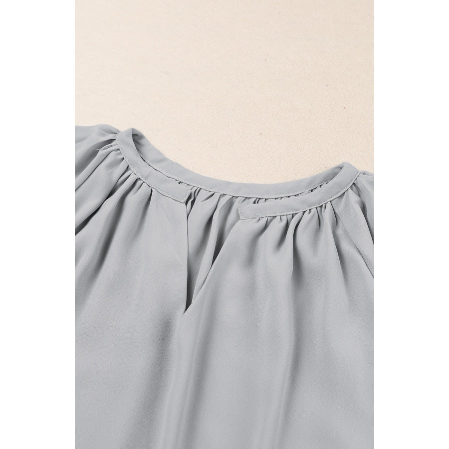 Gathered Detail Notched Neck Flutter Sleeve Top