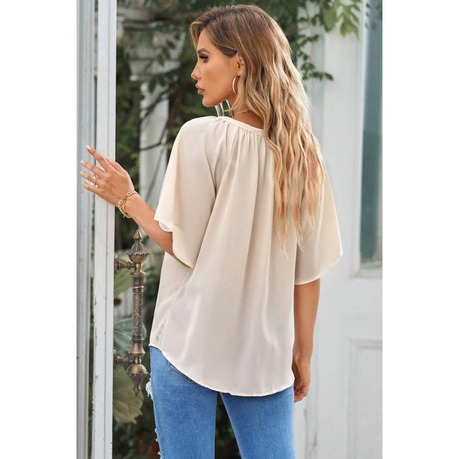 Gathered Detail Notched Neck Flutter Sleeve Top