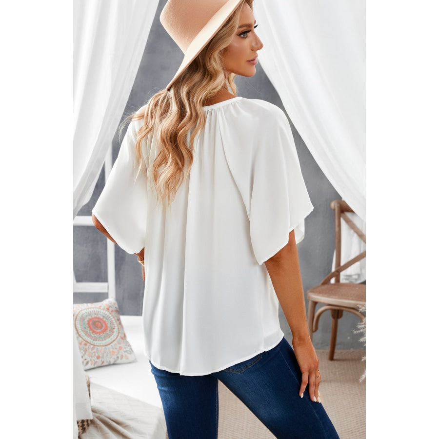 Gathered Detail Notched Neck Flutter Sleeve Top