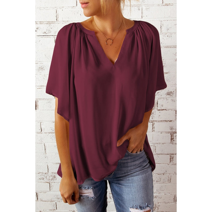 Gathered Detail Notched Neck Flutter Sleeve Top Wine / S