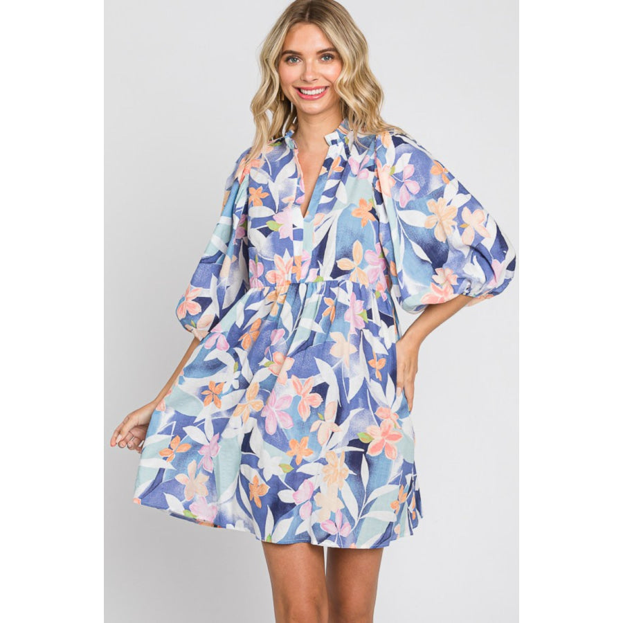 GeeGee Floral Print Mini Dress Blue Multi / S Apparel and Accessories