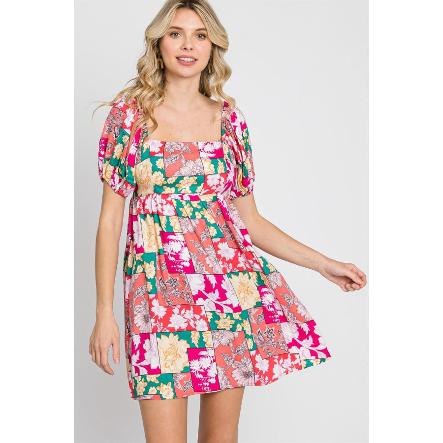 GeeGee Floral Ruff Sleeve Mini Dress Fuchsia / S Apparel and Accessories