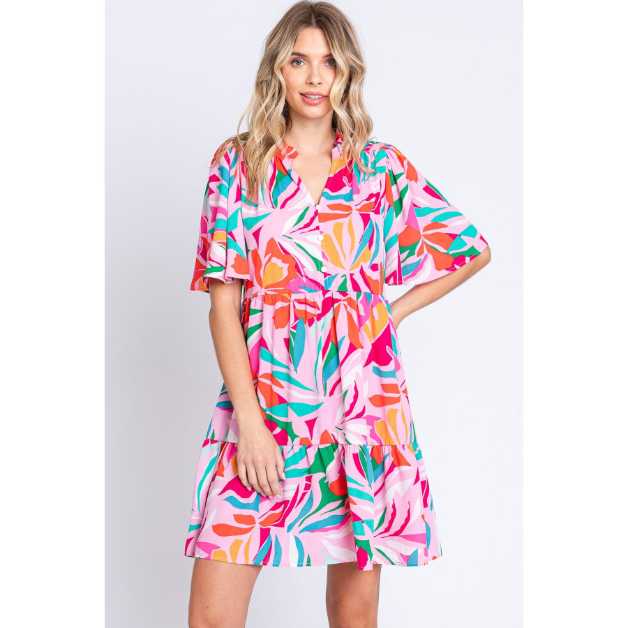 GeeGee Floral Ruffled Mini Dress Pink/Green / S Apparel and Accessories