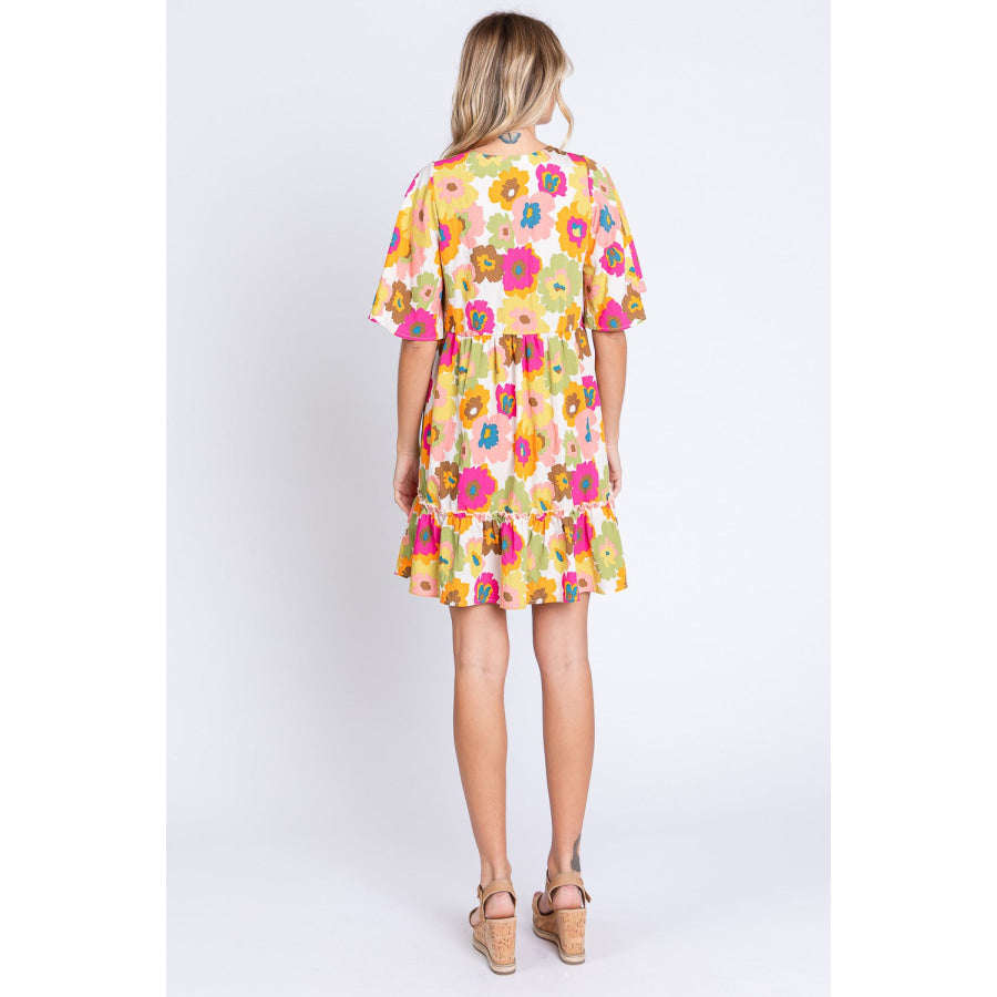 GeeGee Floral V - Neck Ruffle Hem Mini Dress Apparel and Accessories