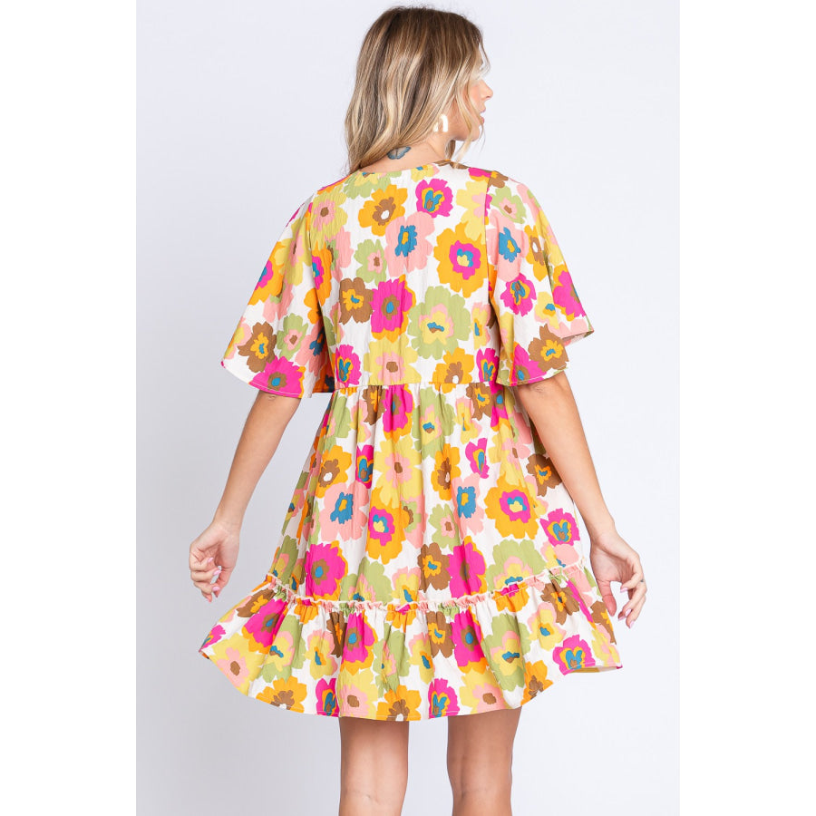 GeeGee Floral V - Neck Ruffle Hem Mini Dress Apparel and Accessories