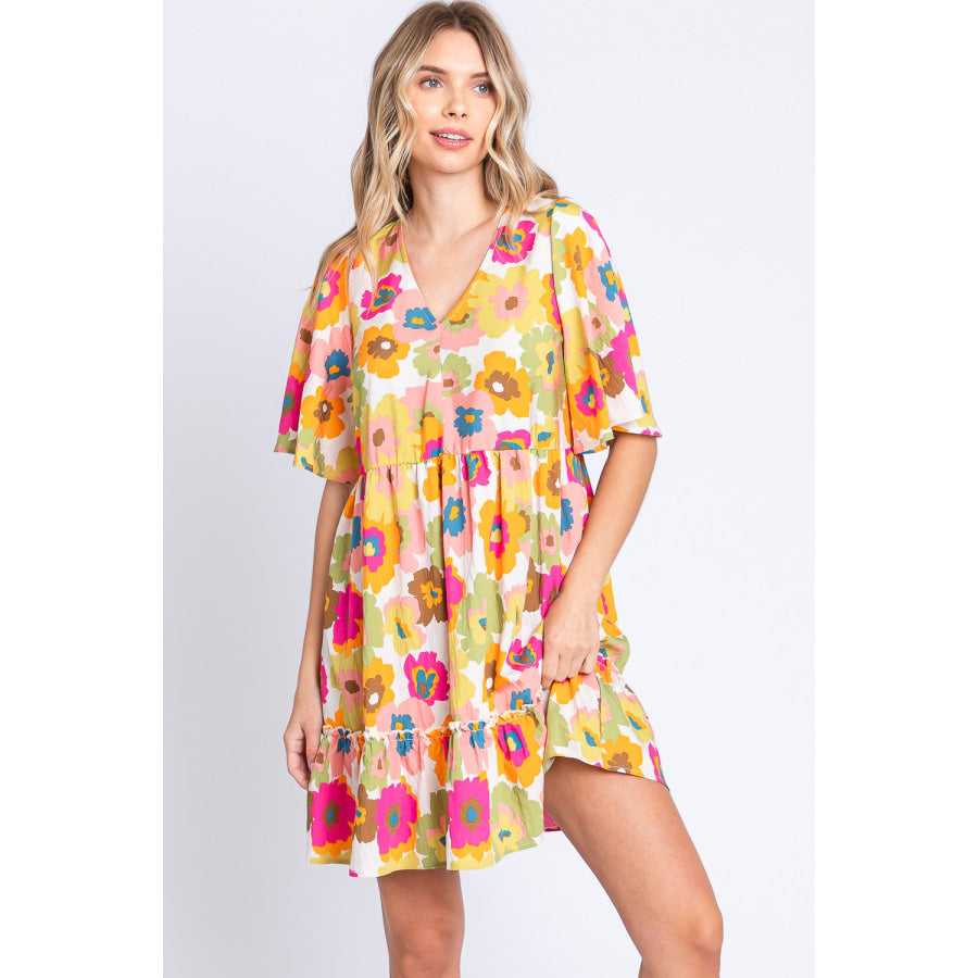 GeeGee Floral V - Neck Ruffle Hem Mini Dress / S Apparel and Accessories
