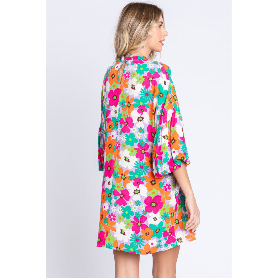 GeeGee Full Size Floral Round Neck Lantern Sleeve Mini Dress Apparel and Accessories