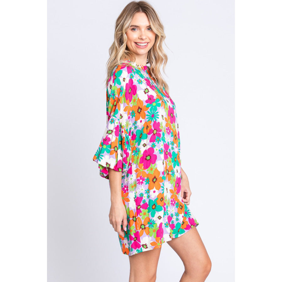 GeeGee Full Size Floral Round Neck Lantern Sleeve Mini Dress Apparel and Accessories
