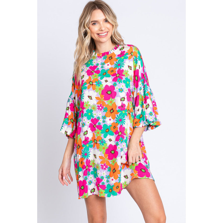 GeeGee Full Size Floral Round Neck Lantern Sleeve Mini Dress Multi / S Apparel and Accessories
