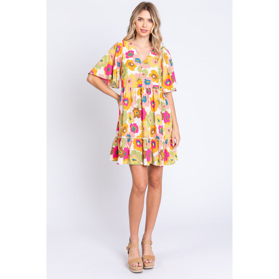 GeeGee Full Size Floral V - Neck Ruffle Trim Mini Dress Apparel and Accessories