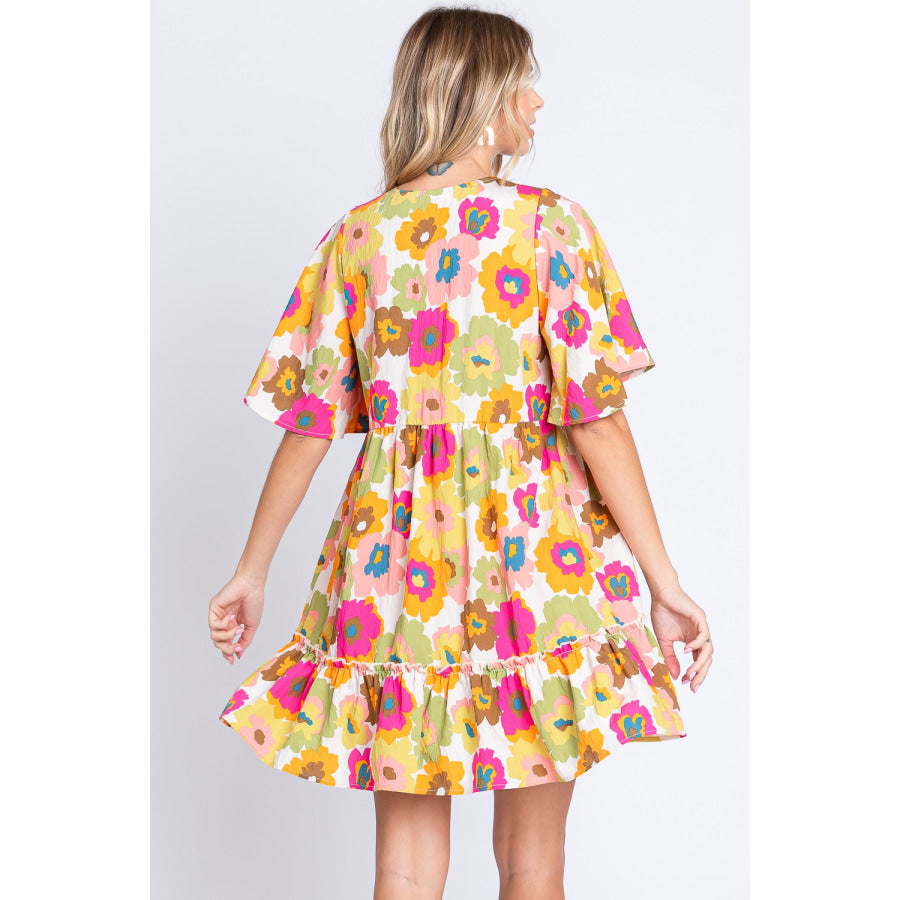 GeeGee Full Size Floral V - Neck Ruffle Trim Mini Dress Off White Multi / S Apparel and Accessories