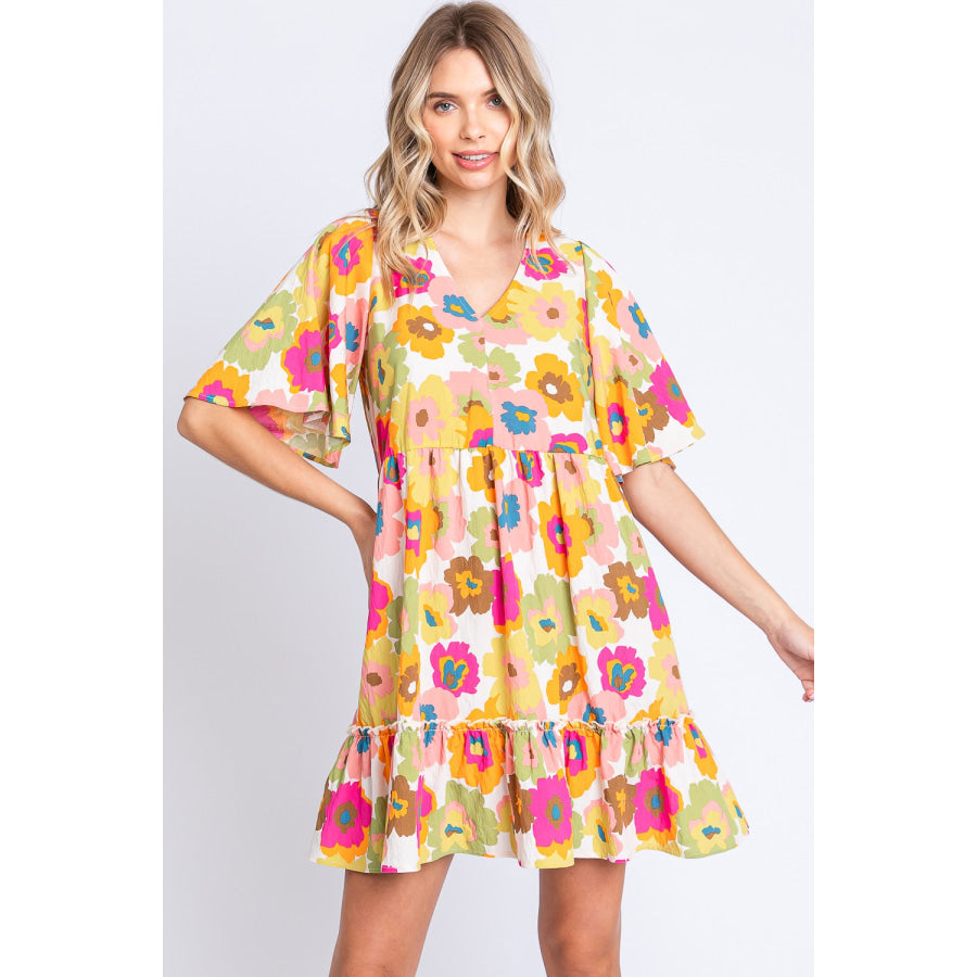 GeeGee Full Size Floral V - Neck Ruffle Trim Mini Dress Off White Multi / S Apparel and Accessories