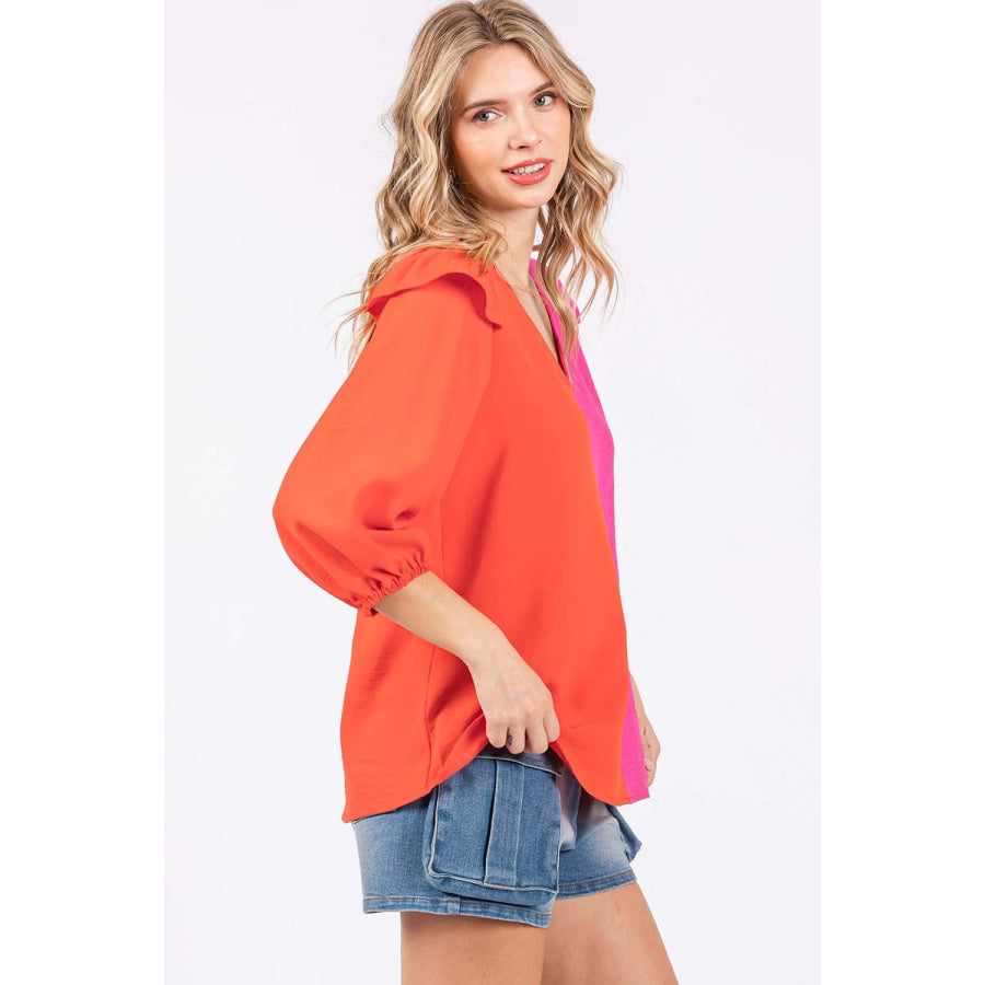 GeeGee Full Size Ruffle Trim Contrast Blouse Apparel and Accessories