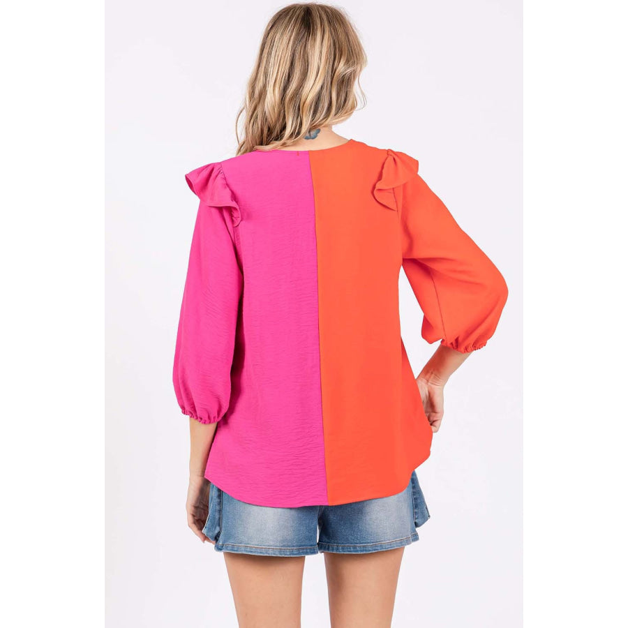 GeeGee Full Size Ruffle Trim Contrast Blouse Orange/Fuchsia / S Apparel and Accessories