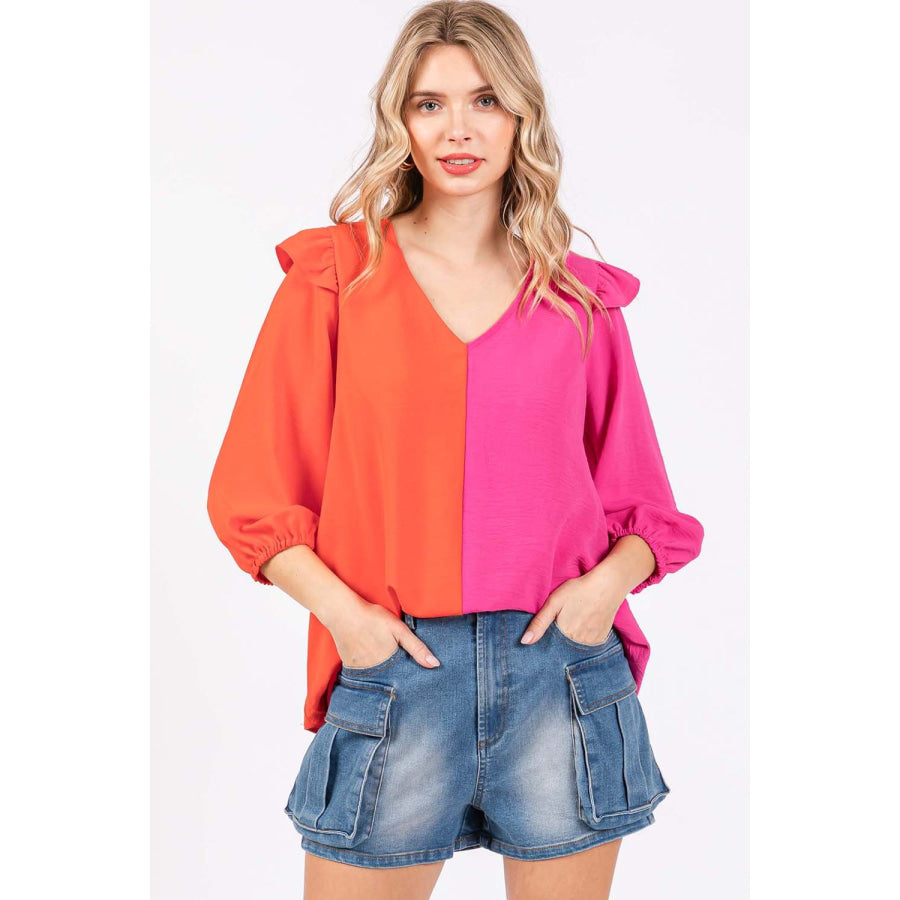 GeeGee Full Size Ruffle Trim Contrast Blouse Orange/Fuchsia / S Apparel and Accessories