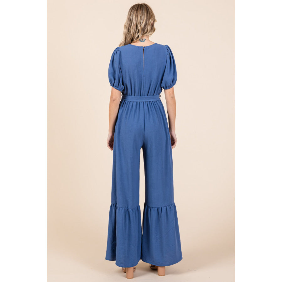 GeeGee Full Size V - Neck Belted Wide Leg Jumpsuit Denim Blue / S Apparel and Accessories