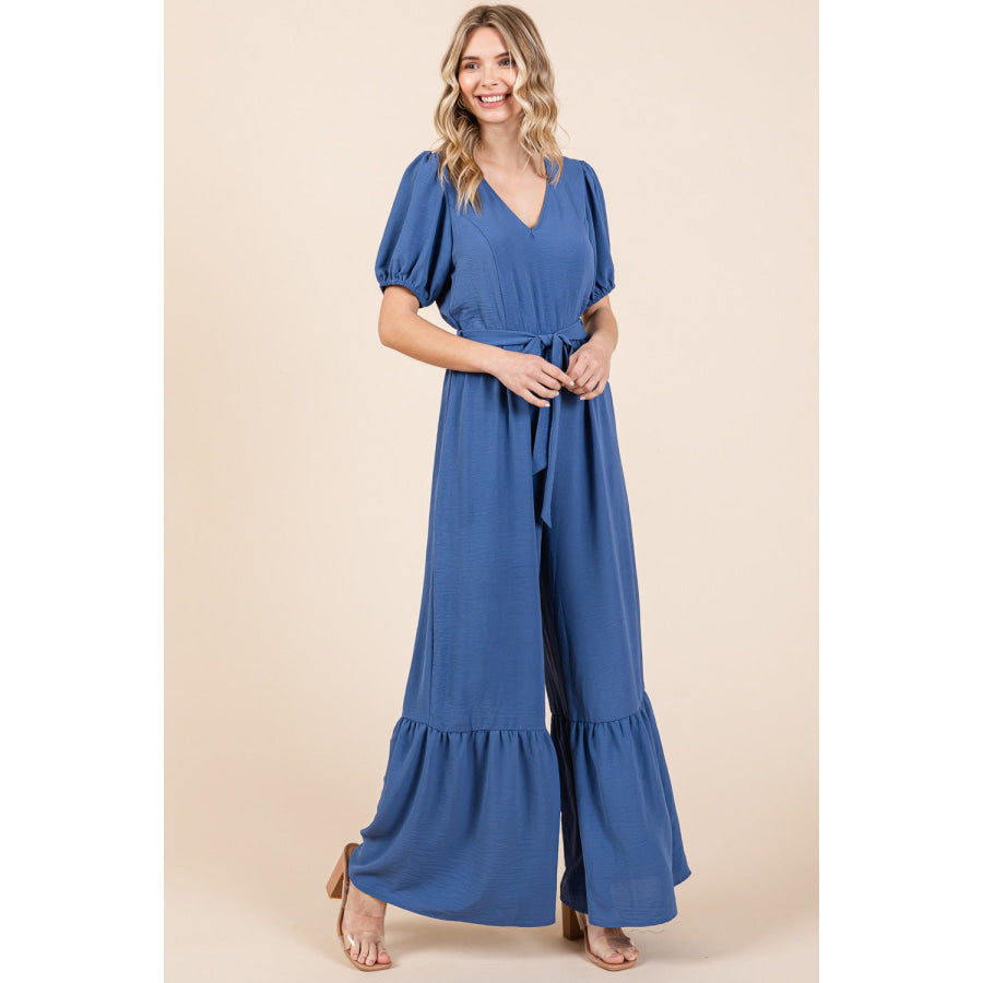 GeeGee Full Size V - Neck Belted Wide Leg Jumpsuit Apparel and Accessories