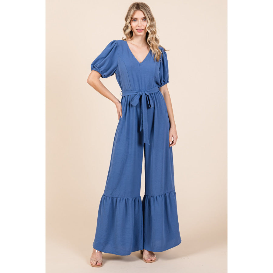 GeeGee Full Size V - Neck Belted Wide Leg Jumpsuit Denim Blue / S Apparel and Accessories