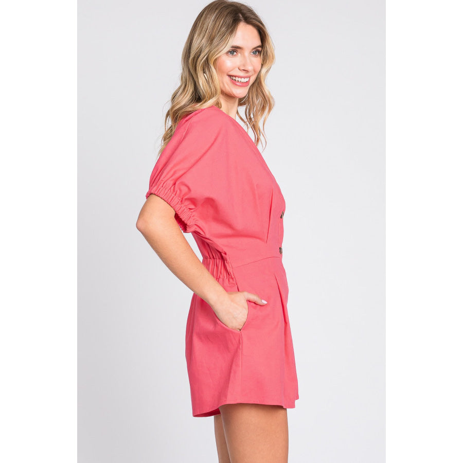 GeeGee Half Button V - Neck Linen Romper Apparel and Accessories