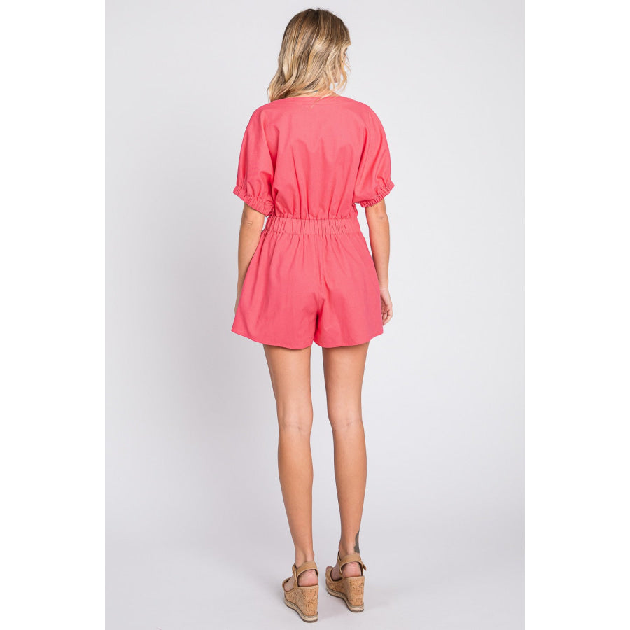 GeeGee Half Button V - Neck Linen Romper Apparel and Accessories