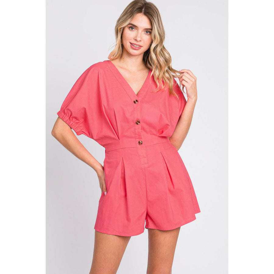 GeeGee Half Button V - Neck Linen Romper Pink / S Apparel and Accessories